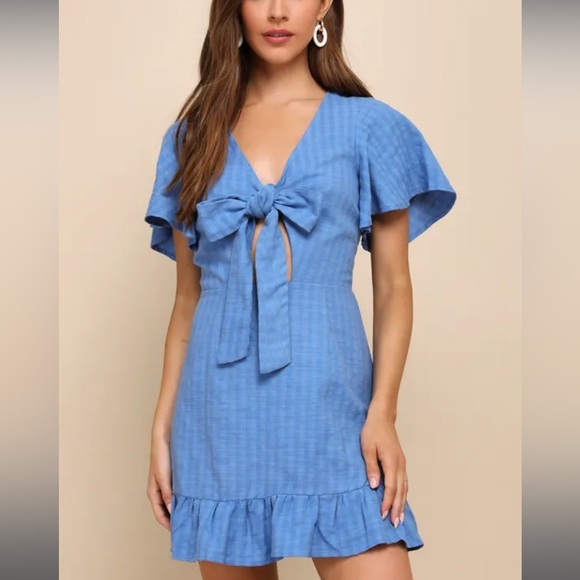 NWT Lulu’s Blue Cutout Tie-Front Ruffled Mini Dress - Picture 3 of 3